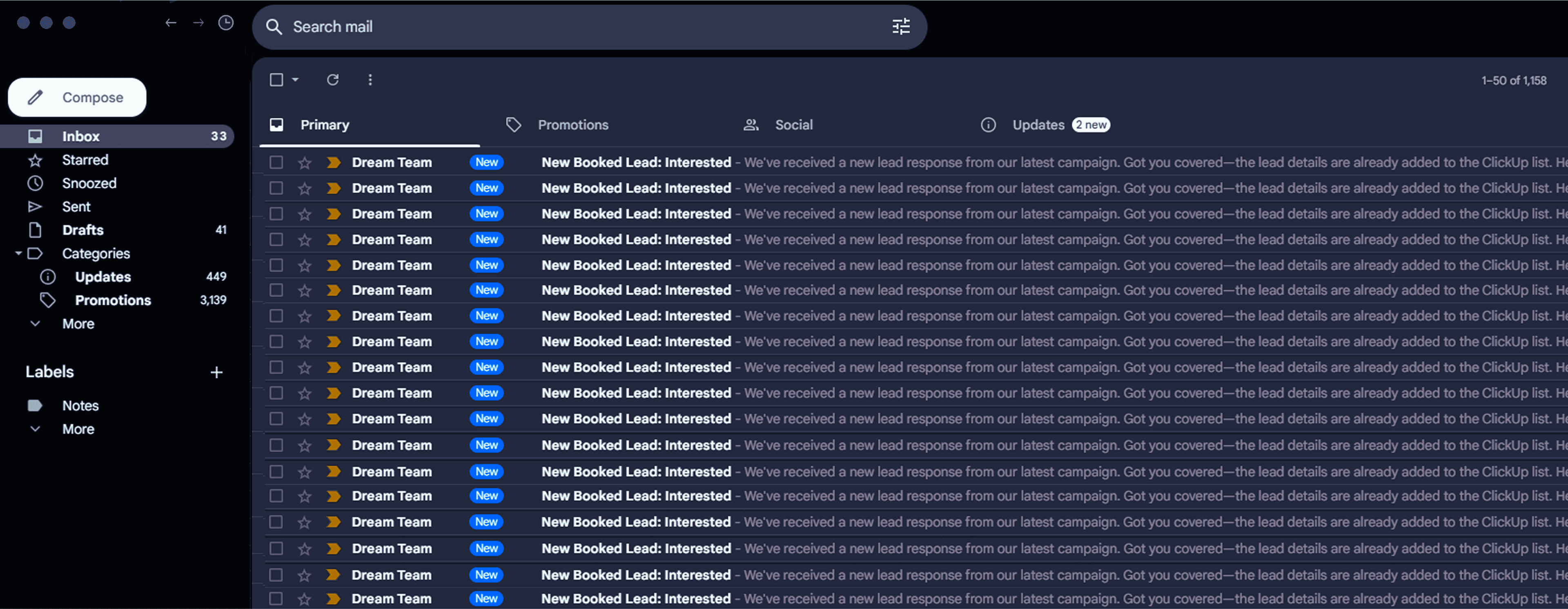 Inbox showing new booked leads